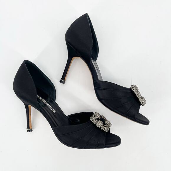 Manolo Blahnik Cassiado Black Satin Crystal Brooch D'Orsay Peep Toe Heels IT 36 - Picture 3 of 10